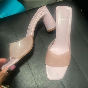 pink vinyl zara mules